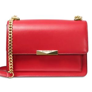 Michael Kors | Cherry Red  Gold Chain Jade Large Gusset Leather Shoulder Bag